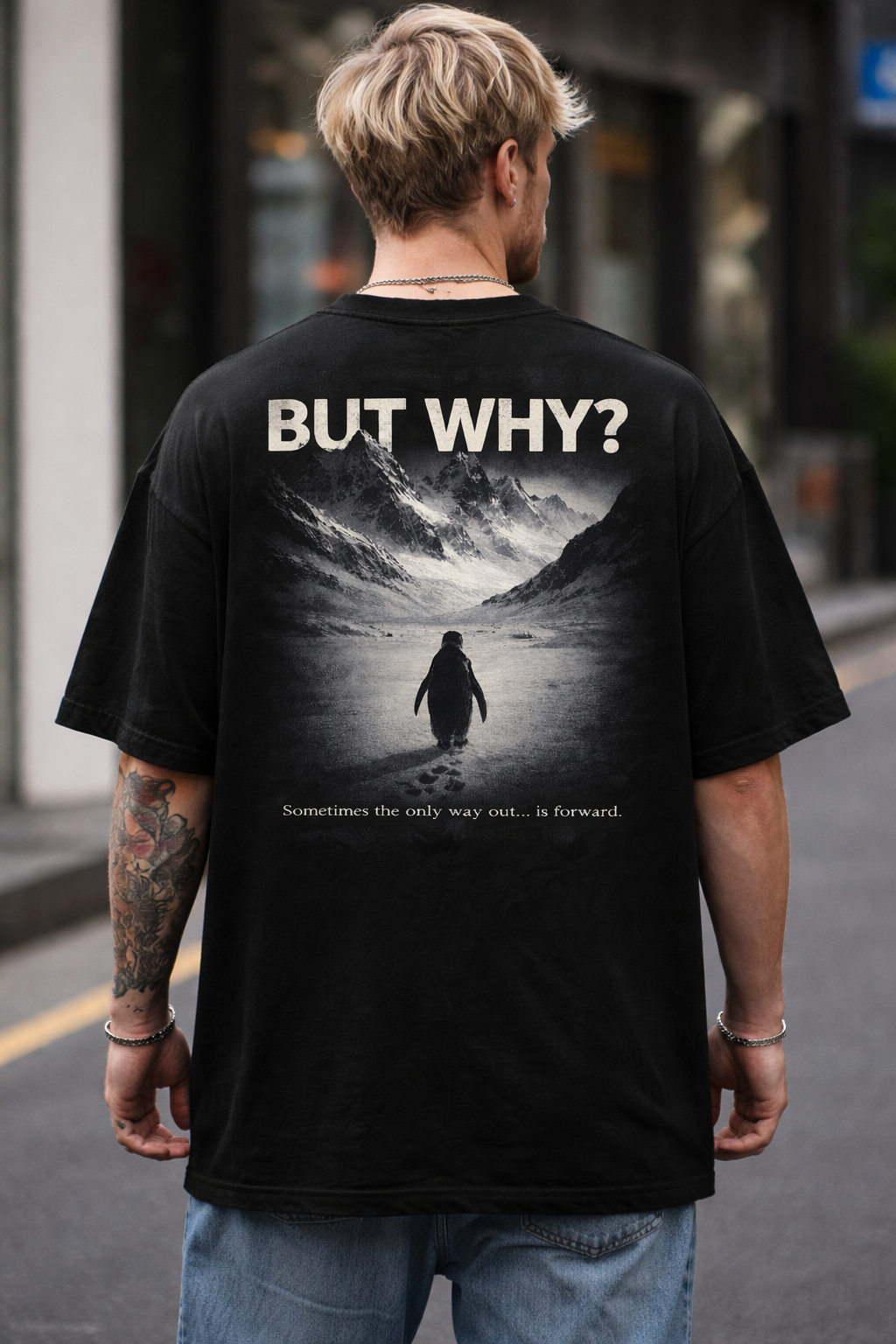 BUT WHY? Oversized Black Tee (Back Print)